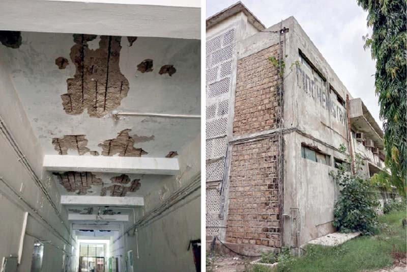 walls of the karachi university s biochemistry dept have developed cracks while the plaster of ceiling has peeled off at many places photos express