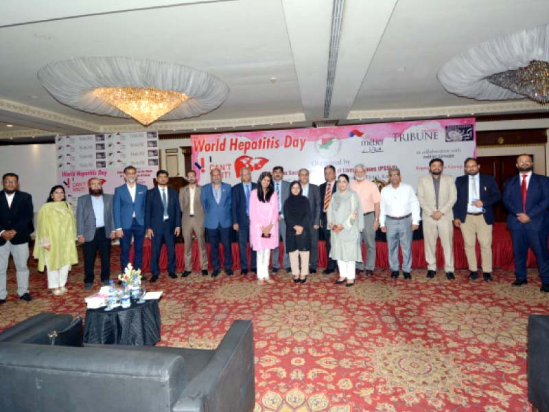 participants of session on hepatitis hosted by meta group and express media group at a under the auspices of the pakistan society for the study of liver diseases standing right to left are muhammad arif larry lacroix manager marketig rolex talha majeed abdul majeed muhammad arshad muhammad bilal majeed abdul aziz photo express