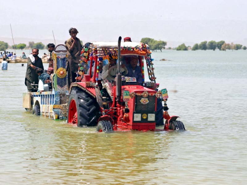 the villagers who fled from the flood hit areas sit on a tractor to cross a flooded area in sehwan on wednesday photo afp