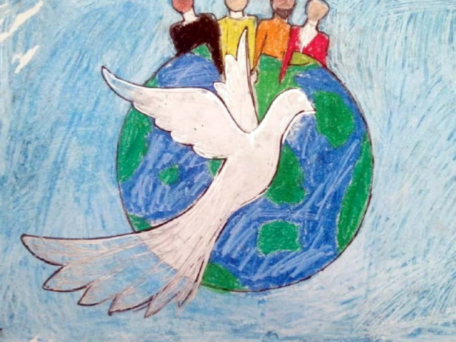 paintings and posters made by artists in connection with international peace day on display at punjab arts council in rawalpindi photos express paintings and posters made by artists in connection with international peace day on display at punjab arts council in rawalpindi photos express
