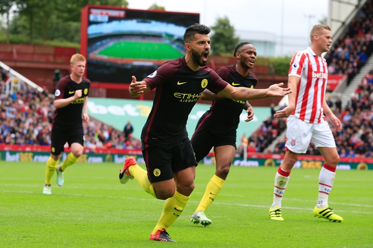 manchester city 039 s argentinian striker sergio aguero celebrates after scoring the opening goal from the penalty spot during the english premier league football match between stoke city and manchester city at the bet365 stadium in stoke on trent central england on august 20 2016 photo afp