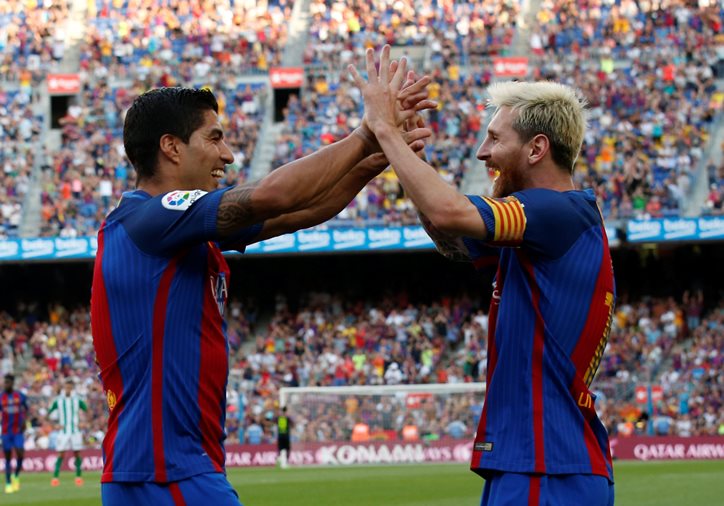 barcelona 039 s luis suarez and lionel messi celebrate a goal against real betis at camp nou stadium barcelona spain on august 20 2016 photo reuters