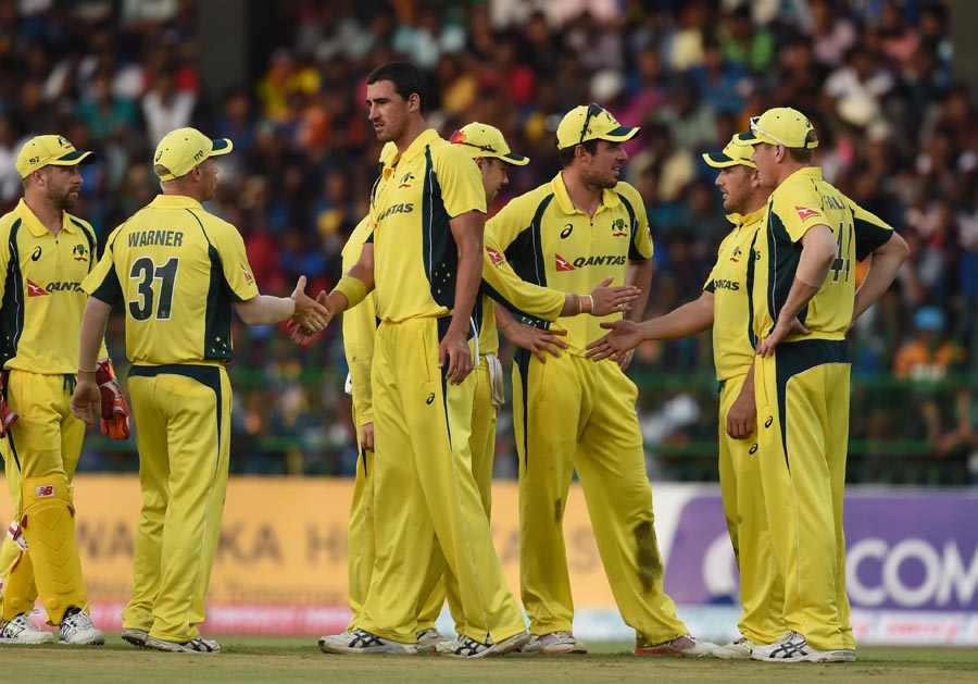 australian cricketer mitchell starc c celebrates with his teammates after dismissing unseen sri lanka cricketer milinda siriwardana during the first one day international odi cricket match between sri lanka and australia at the r premadasa international cricket stadium in colombo on august 21 2016 photo afp