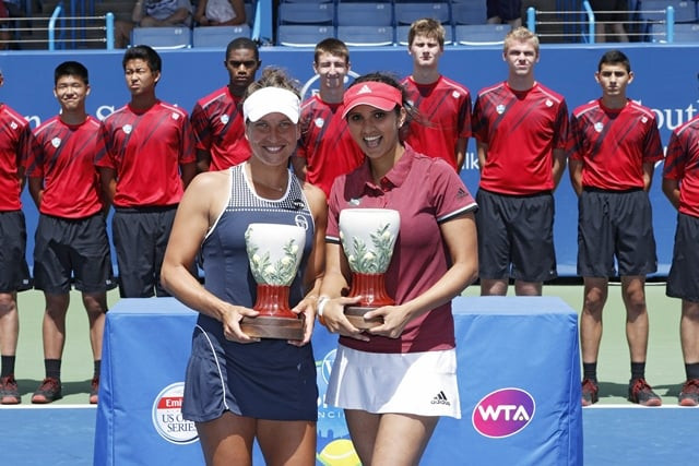 barbora strycova and sania mirza r celebrate their win on august 21 2016 in mason ohio photo afp barbora strycova and sania mirza r celebrate their win on august 21 2016 in mason ohio photo afp