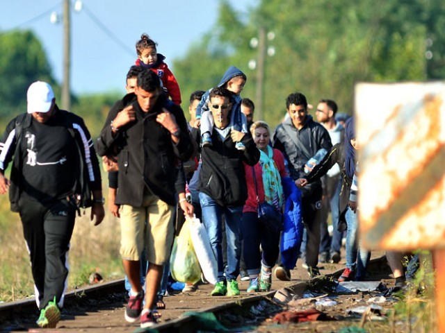 refugees from middle eastern countries walk on railway tracks to the hungarian border near the northern serbia 039 s town of horgos on september 14 2015 before hungary seals its border on september 15 photo afp