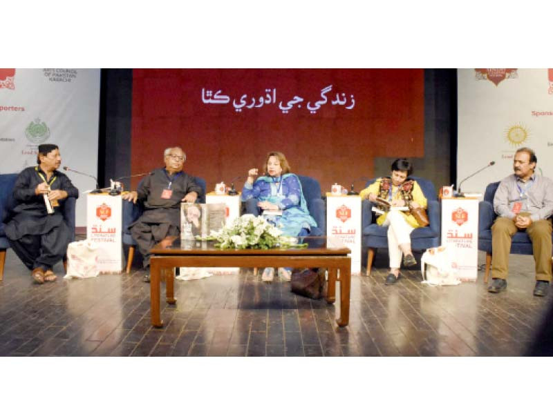 mehtab akbar rashdi speaks during the third session on the second day of 6th sindh literature festival 2023 photo express