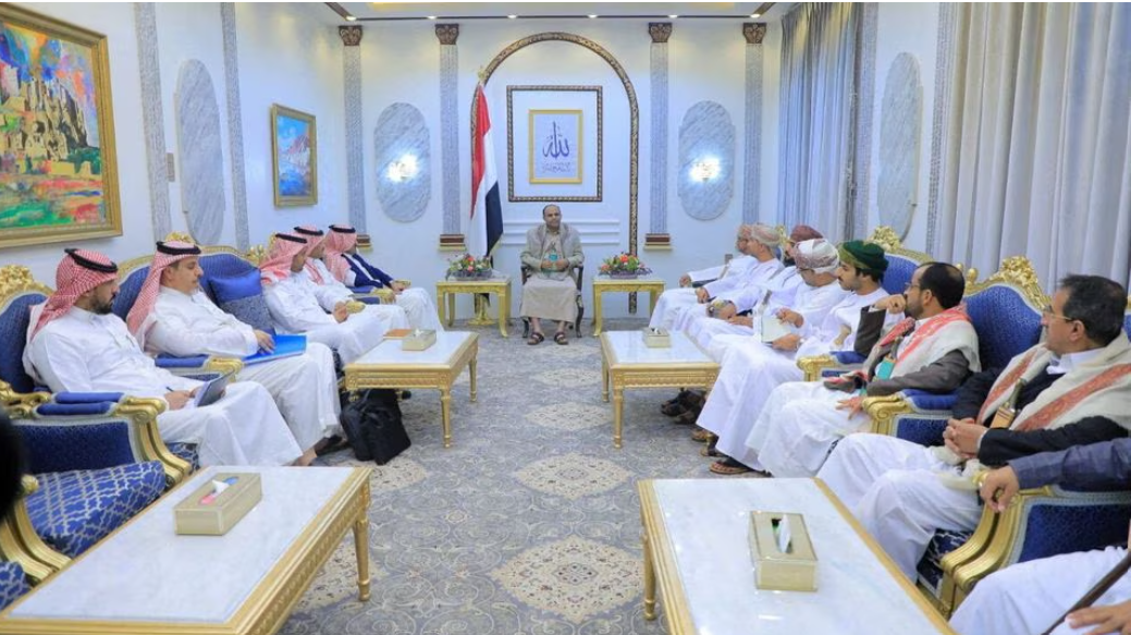 head of the houthi supreme political council mahdi al mashat meets with saudi and omani delegations at the republican palace in sanaa yemen april 9 2023 photo reuters