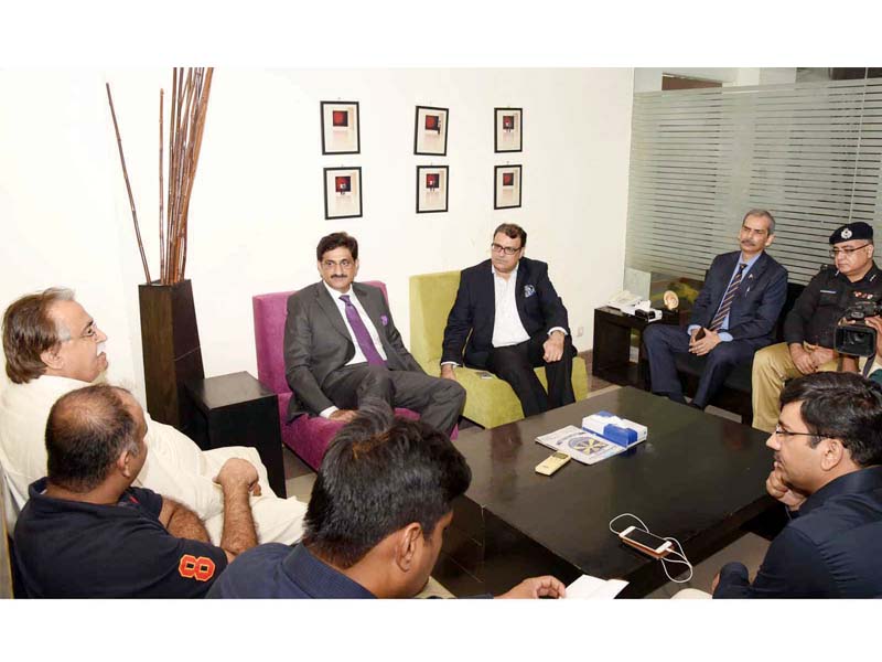 chief minister sindh syed murad ali shah talks to express media group ceo aijajul haq chief reporter gm jamali and bureau chief faisal hussain during his visit to the express offices sindh information adviser maula bakhsh chandio was also present in the meeting photo express