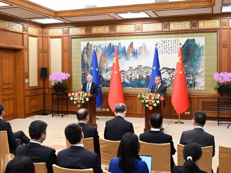 chinese foreign minister wang yi and josep borrell high representative of the european union for foreign affairs and security policy meet the press following the 12th round of china eu high level strategic dialogue held in beijing capital of china oct 13 2023 photo xinhua