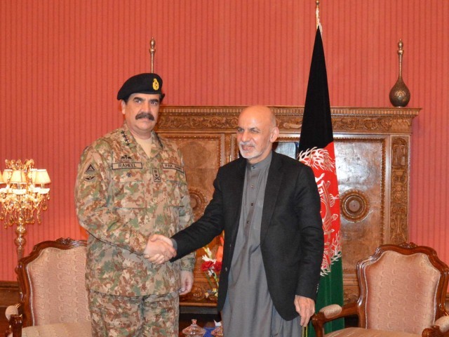 in this file photo chief of army staff general raheel sharif shakes hands with afghan president ashraf ghani in kabul on february 17 2015 photo ispr