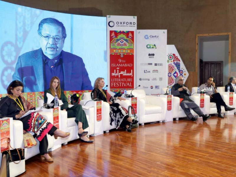 speakers and guests at the inauguration of the islamabad literature festival left and artist zashane malik s performance on the opening day photos express