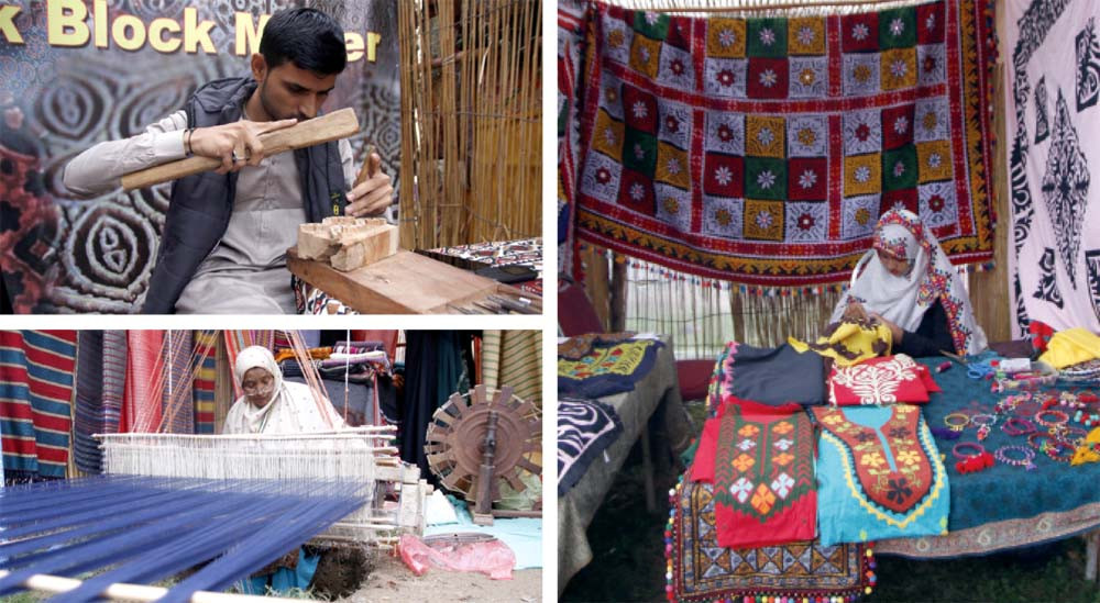 (Top left) a craftsman prints Ajraks in traditional style; (bottom left) a woman weaves yarns at her stall; (right) another artisan showcases her needlework skills at Lok Virsa in the federal capital. Photos: Express