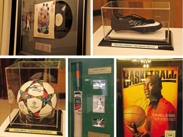 a football signed by football player lionel messi bottom left football player cristiano ronaldo s signed shoes top right a bat signed by cricketer zaheer abbas bottom centre and other memorable pieces from basketball player michael jordan bottom right and singer songwriter freddie mercury top left on display at pearl continental hotel in karachi photos aysha saleem express a football signed by football player lionel messi bottom left football player cristiano ronaldo s signed shoes top right a bat signed by cricketer zaheer abbas bottom centre and other memorable pieces from basketball player michael jordan bottom right and singer songwriter freddie mercury top left on display at pearl continental hotel in karachi photos aysha saleem express