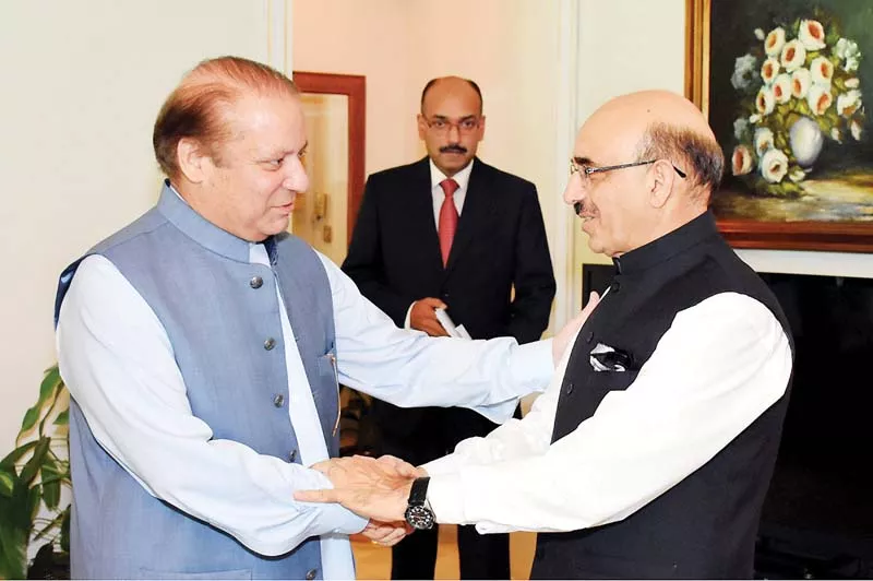 pm nawaz sharif congratulates masood khan on becoming the president of ajk at the pm house in islamabad photo nni pm nawaz sharif congratulates masood khan on becoming the president of ajk at the pm house in islamabad photo nni