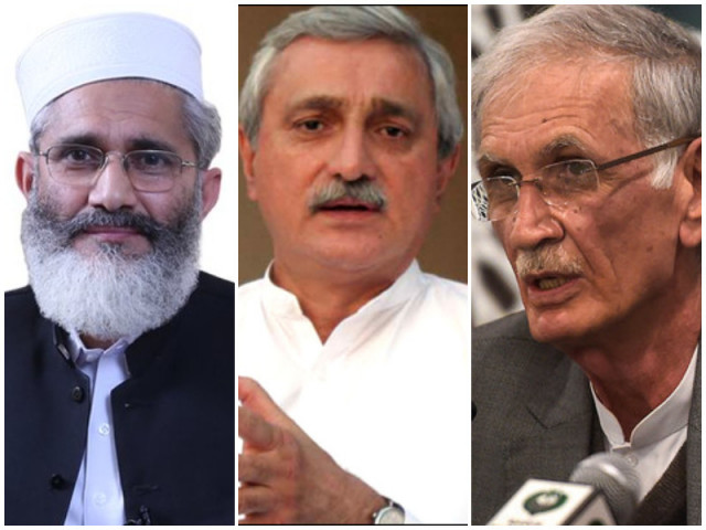 ji chief sirajul haq ipp chief jahangir khan tareen and pti p chairman pervez khattak photo file ji chief sirajul haq ipp chief jahangir khan tareen and pti p chairman pervez khattak photo file