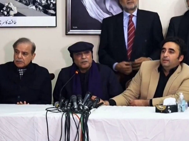pml n president shehbaz sharif r ppp co chairman asif ali zardari and ppp chairman bilawal bhutto zardari responding to media queries at zardari house in islamabad on february 21 2024 screengrab pml n president shehbaz sharif r ppp co chairman asif ali zardari and ppp chairman bilawal bhutto zardari responding to media queries at zardari house in islamabad on february 21 2024 screengrab
