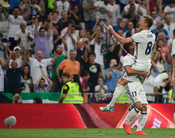 real madrid 039 s german midfielder toni kroos celebrates after scoring during the spanish league football match real madrid cf vs rc celta de vigo at the santiago bernabeu stadium in madrid on august 27 2016 photo afp