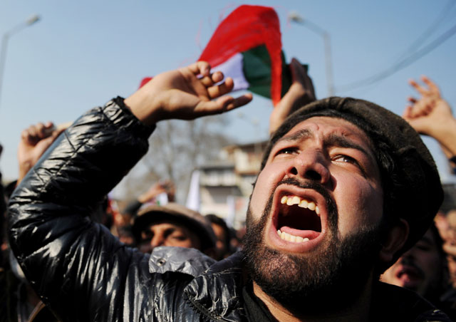 supporters of the jammu and kashmir libration front shout pro freedom slogans during a protest in srinagar on january photo afp