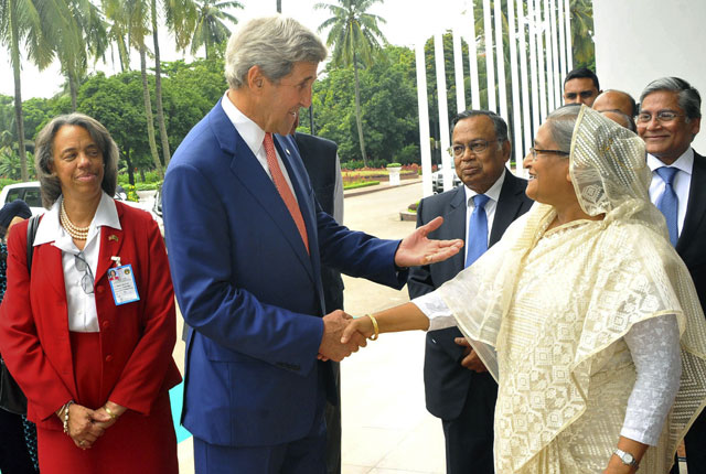 us secretary of state john kerry l and bangladesh prime minister sheikh hasina shake hands ahead of a meeting in dhaka on august 29 2016 photo afp