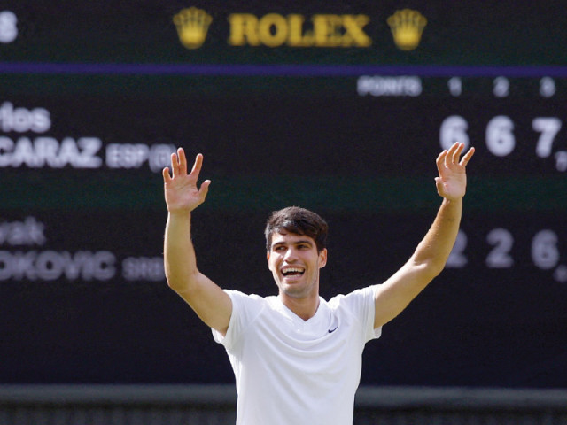carlos alcaraz celebrates after winning his men s singles final against serbia s novak djokovic photo reuters carlos alcaraz celebrates after winning his men s singles final against serbia s novak djokovic photo reuters