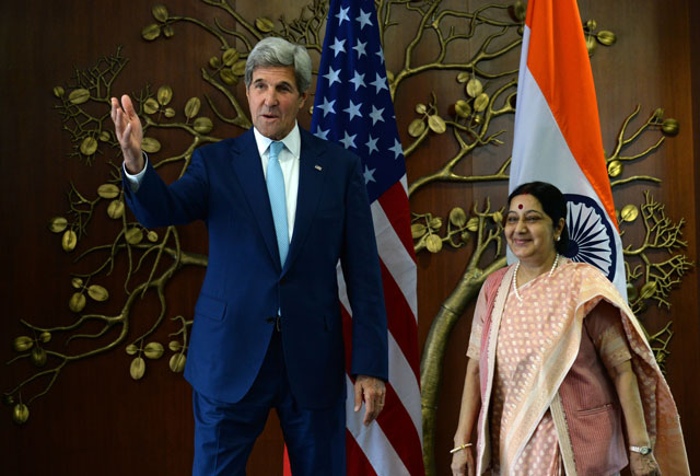 indian minister of external affairs sushma swaraj r and us secretary of state john kerry speak prior to a meeting in new delhi on august 30 2016 photo afp