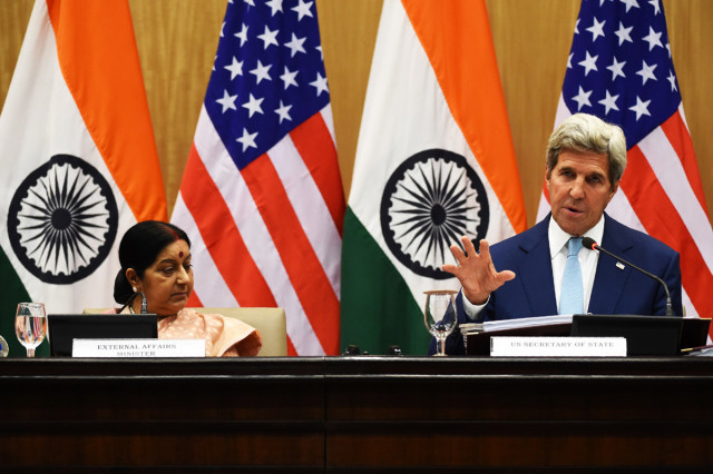 indian minister of external affairs sushma swaraj l and us secretary of state john kerry hold a joint press interaction after a meeting in new delhi on august 30 2016 photo afp