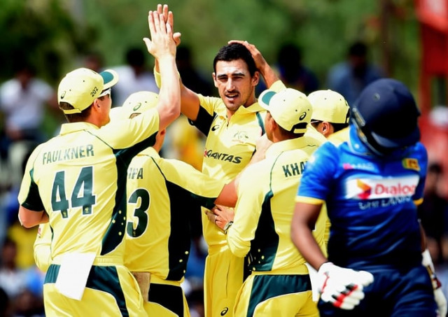 australian cricketer mitchell starc c celebrates with teammates after he dismissed sri lankan batsman avishka fernando r during the fourth one day international odi cricket match between sri lanka and australia at the rangiri dambulla international cricket stadium in dambulla on august 31 2016 photo afp australian cricketer mitchell starc c celebrates with teammates after he dismissed sri lankan batsman avishka fernando r during the fourth one day international odi cricket match between sri lanka and australia at the rangiri dambulla international cricket stadium in dambulla on august 31 2016 photo afp