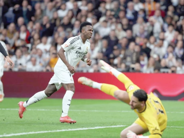 real madrid s brazilian forward vinicius junior c celebrates scoring his team s second goal against rayo vallecano photo afp real madrid s brazilian forward vinicius junior c celebrates scoring his team s second goal against rayo vallecano photo afp