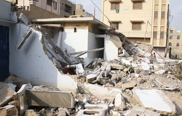 an mqm office is seen demolished in shah faisal colony karachi on august 26 2016 photo ppi an mqm office is seen demolished in shah faisal colony karachi on august 26 2016 photo ppi