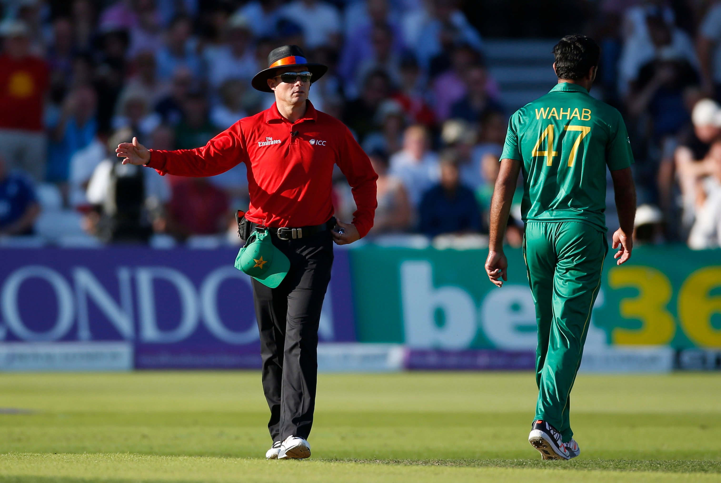 umpire richard kettleborough signals a no ball to wahab riaz photo reuters