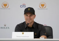 international team captain trevor immelman smiles while addressing the media in a press conference during a practice day for the presidents cup golf tournament at quail hollow club photo reuters