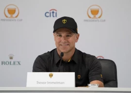 international team captain trevor immelman smiles while addressing the media in a press conference during a practice day for the presidents cup golf tournament at quail hollow club photo reuters