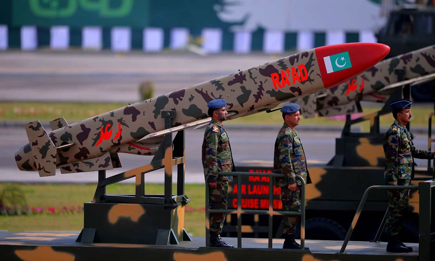pakistani army soldiers travel on a vehicle carrying cruise missile ra 039 ad during the pakistan day military parade in islamabad on march 23 2016 pakistan national day commemorates the passing of the lahore resolution when a separate nation for the muslims of the british indian empire was demanded on march 23 1940 afp photo aamir qureshi