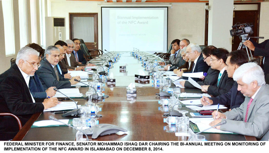 finance minister ishaq dar chairs the bi annual nfc implementation meeting in islamabad on monday rs2 1b is the amount that k p and punjab will get from the total rs2 6b federal award photo pid
