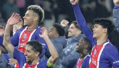 paris saint germain players celebrate after beating brest to all but secure a fifth straight ligue 1 title photo afp