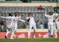 bangladesh players celebrate after nahid rana s five wicket haul powered the hosts to a 104 run victory over pakistan in the first test in dhaka photo file