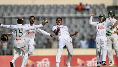 bangladesh players celebrate after nahid rana s five wicket haul powered the hosts to a 104 run victory over pakistan in the first test in dhaka photo file