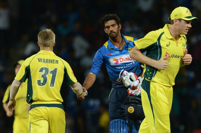 david warner l is congratulated by sachithra senanayake in pallekele on september 6 2016 photo afp