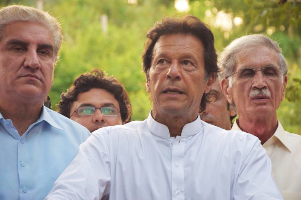 pakistan tehreek e insaf chiarman imran khan along with other party leaders speaks to media in islamabad photo imran khan official facebook