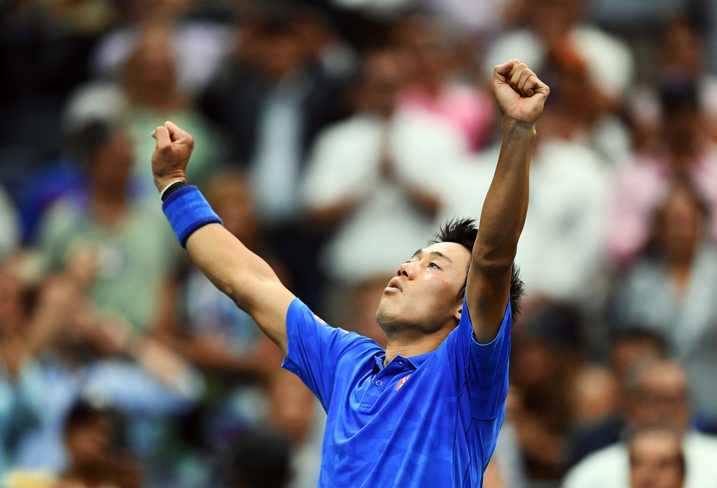 kei nishikori celebrates after defeating andy murray in new york on september 7 2016 photo afp