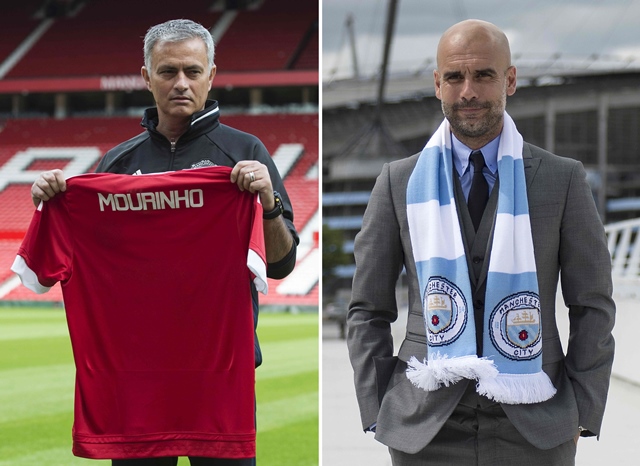 manchester united 039 s portuguese manager jose mourinho l posing during a photocall on the pitch at old trafford stadium in manchester on july 5 2016 and manchester city 039 s spanish manager pep guardiola r posing for pictures outside the etihad stadium in manchester on july 8 2016 photo afp