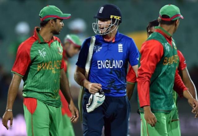 bangladesh paceman taskin ahmed r collides with england batsman joe root during the 2015 cricket world cup pool a match between bangladesh and england at the adelaide oval on march 9 2015 photo afp