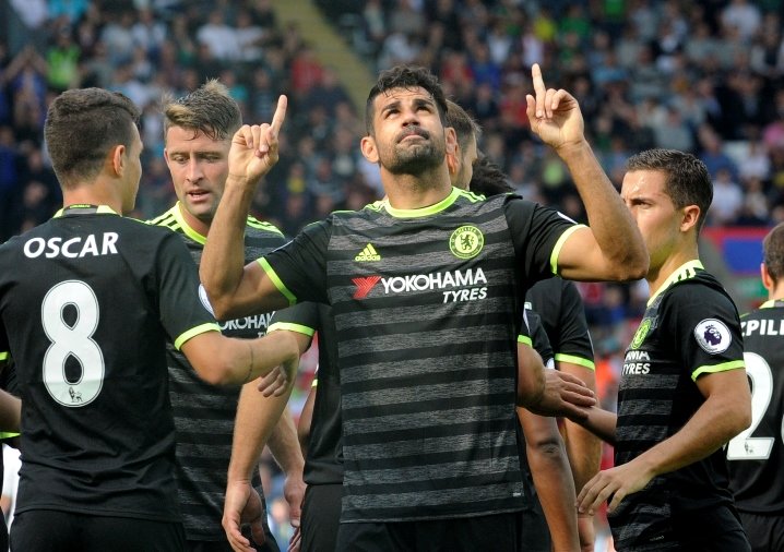 chelsea 039 s diego costa celebrates scoring their first goal against swansea on september 11 2016 photo reuters