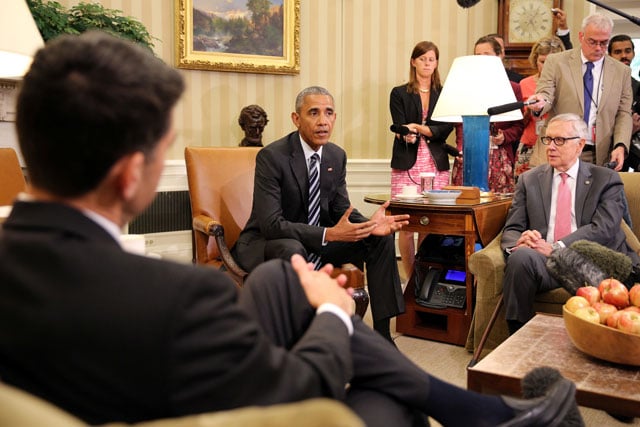 us president barack obama speaks during a meeting with speaker of the house paul ryan r wi l senate minority leader harry reid d nv r house minority leader nancy pelosi d ca not pictured and senate majority leader mitch mcconnell r ky not pictured at the oval office of the white house in washington us september 12 2016 photo reuters