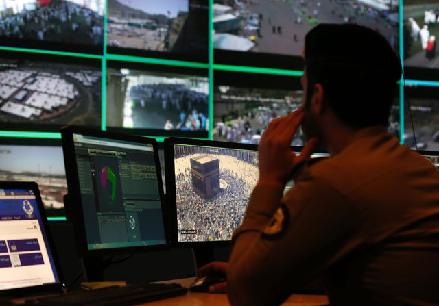 a saudi soldier monitors screens as they sit on duty at the command and control operation center in mina near the holy city of makkah on september 13 2016 photo afp