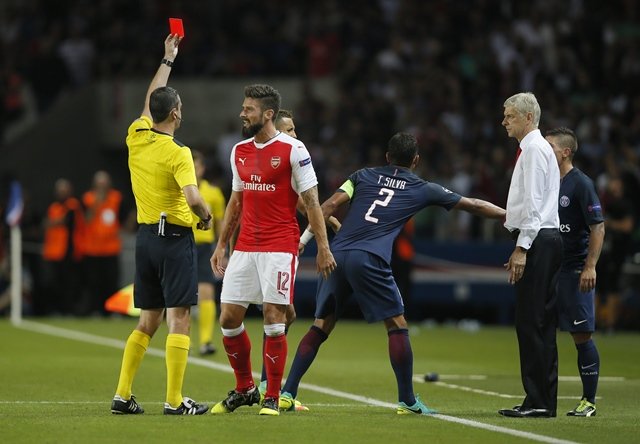arsenal 039 s olivier giroud is shown a red card by referee viktor kassai photo reuters