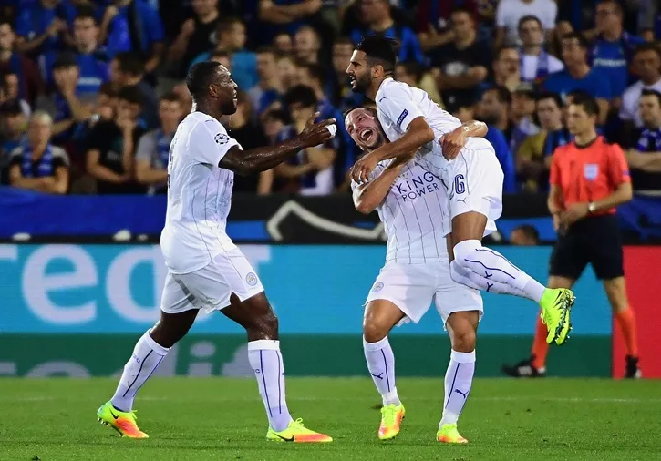 leicester city 039 s riyad mahrez r celebrates with teammates after scoring a goal during the uefa champions league football match between club brugge and leicester city at jan breydelstadion on september 14 2016 in bruges photo afp leicester city 039 s riyad mahrez r celebrates with teammates after scoring a goal during the uefa champions league football match between club brugge and leicester city at jan breydelstadion on september 14 2016 in bruges photo afp