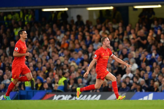 liverpool 039 s english midfielder jordan henderson r celebrates scoring his team 039 s second goal during the english premier league football match between chelsea and liverpool at stamford bridge in london on september 16 2016 photo afp liverpool 039 s english midfielder jordan henderson r celebrates scoring his team 039 s second goal during the english premier league football match between chelsea and liverpool at stamford bridge in london on september 16 2016 photo afp