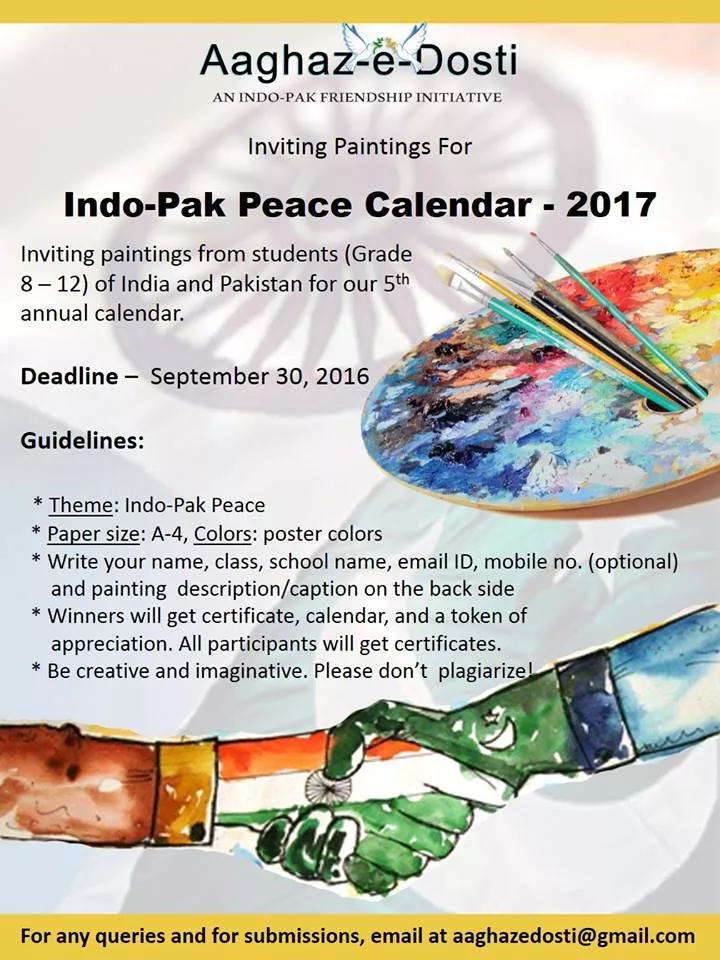 every year aaghaz e dosti launches an indo pak peace calendar the calendar is a collection of selected paintings submitted by school students from india and pakistan photo aaghaz e dosti facebook page every year aaghaz e dosti launches an indo pak peace calendar the calendar is a collection of selected paintings submitted by school students from india and pakistan photo aaghaz e dosti facebook page