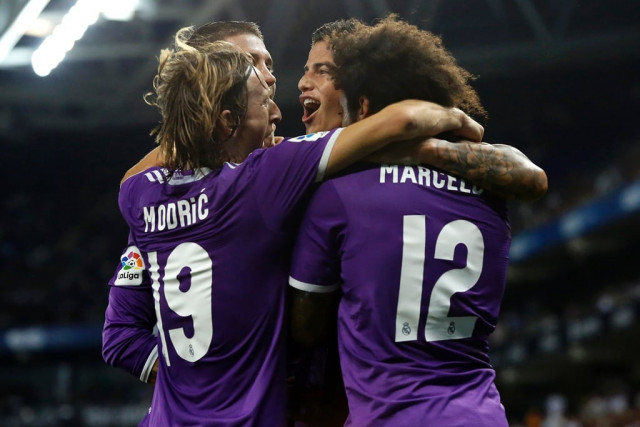 real madrid 039 s james rodriguez c celebrates with teammates after scoring against rcd espanyol in cornella de llobregat on september 18 2016 photo afp real madrid 039 s james rodriguez c celebrates with teammates after scoring against rcd espanyol in cornella de llobregat on september 18 2016 photo afp